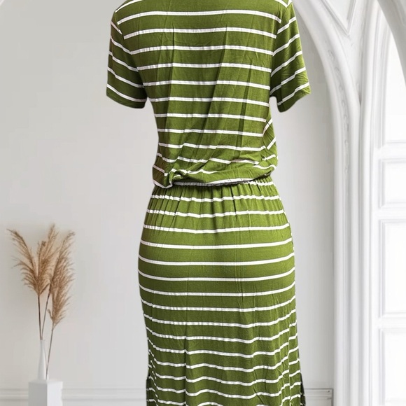 Green and White Sheath Midi Dress with Crew Neck - Picture 4 of 9